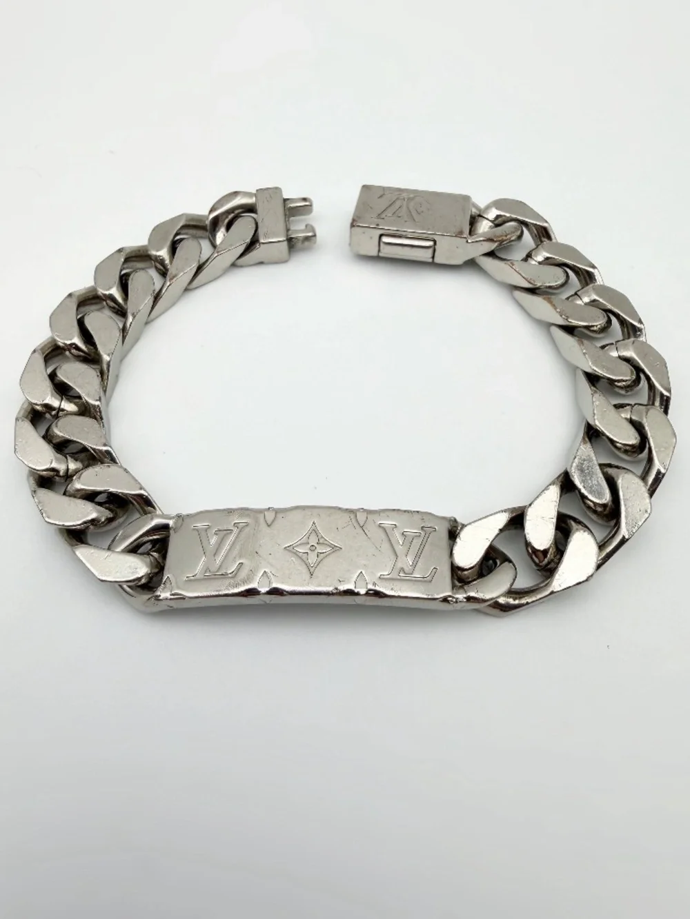 Authentic Louis Vuitton Logo Monogram Chain Bracelet Silver tone Italy M00270